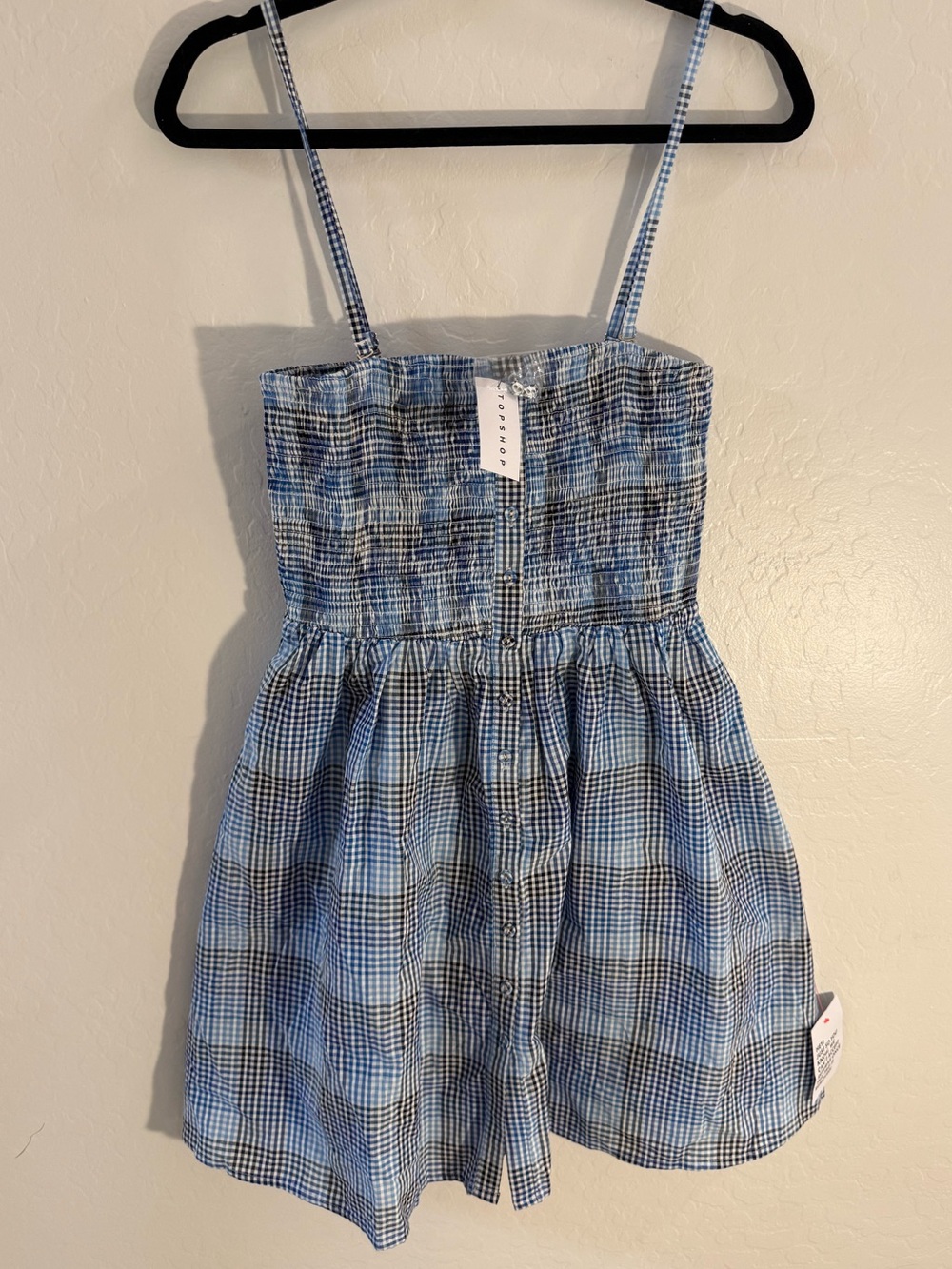 TopShop NWT Smocked Seersucker Cottagecore Blue Checkered A-Line Mini Dress